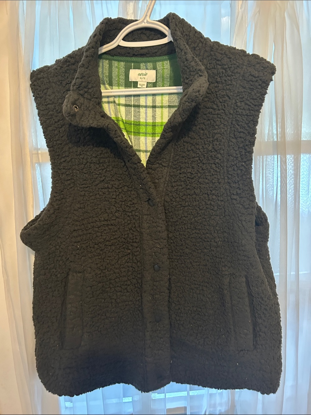 aerie Black Sherpa Vest with Green Plaid Lining